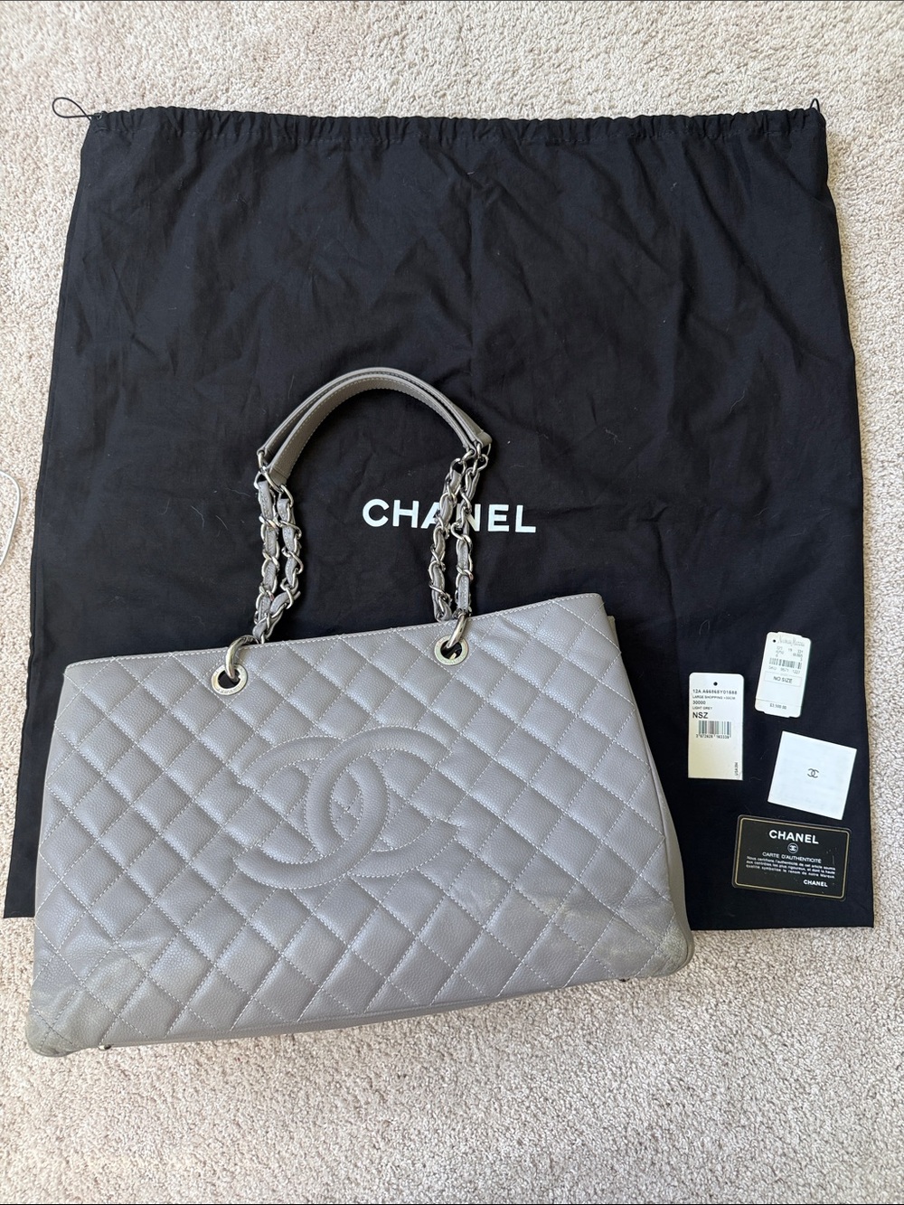 CHANEL XL Grand Shopper Tote (GST) Grey Quilted Caviar Leather Silver Hardware